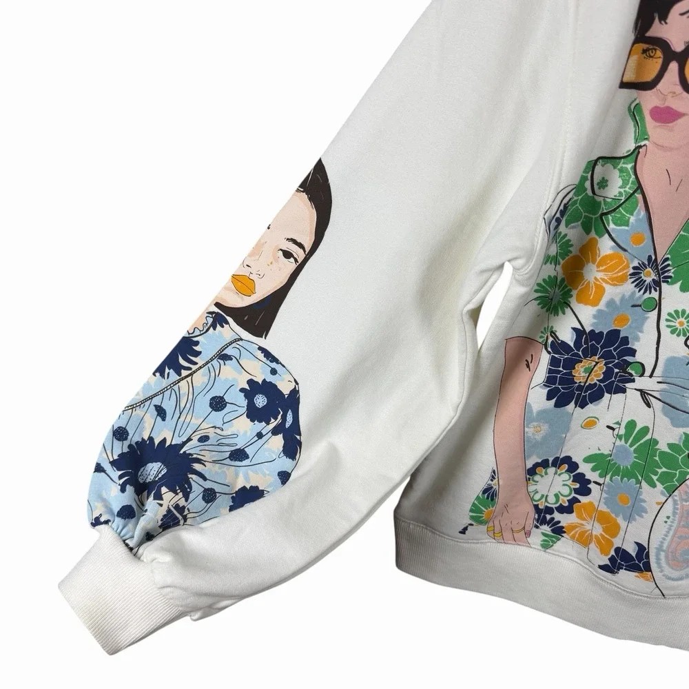 Zara Women's Sz S Graphic Print Sweatshirt Cream Cotton Blend, Girl - Picture 6 of 12